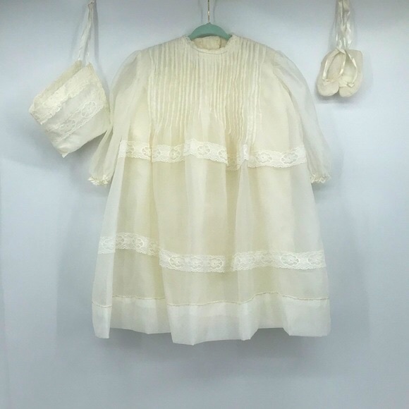 Vintage 70’s Chiffon Lace Christening Gown Wedding Dress Bonnet Booties Set - Picture 1 of 16